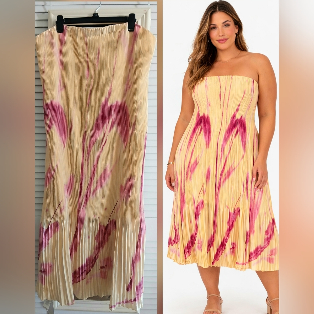 Abercrombie & Fitch Strapless Pleated Midi Dress in Yellow and Pink